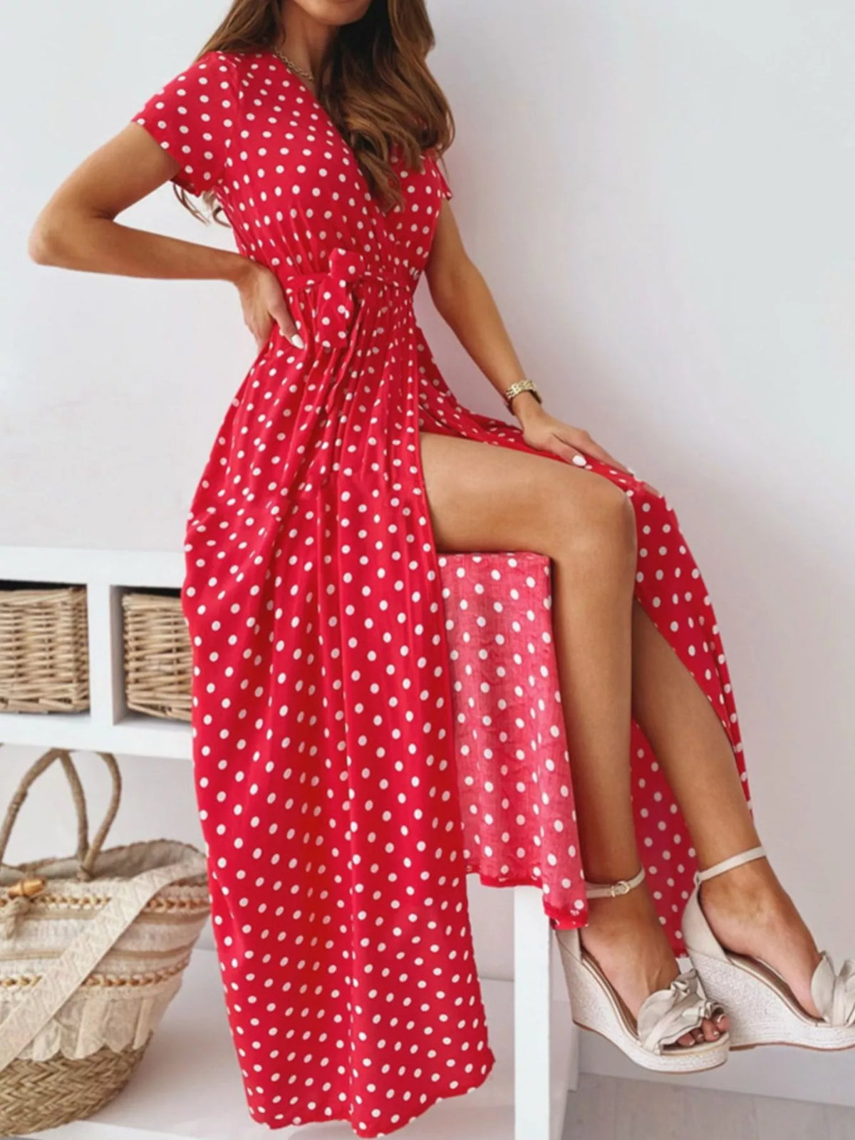 Polka-Dot Surplice Maxi Dress