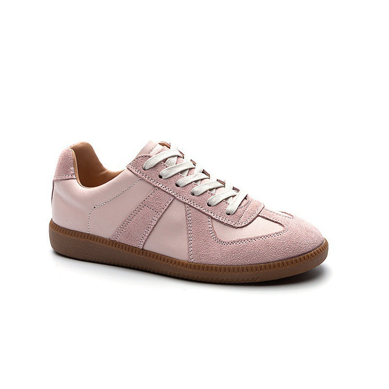 Women's Korean Retro Patchwork Lace-Up Flat Shoes - Round Toe Casual Leather Flats