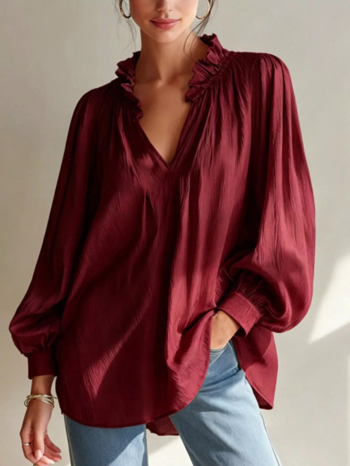 Frill-Trim Notched Long-Sleeve Blouse