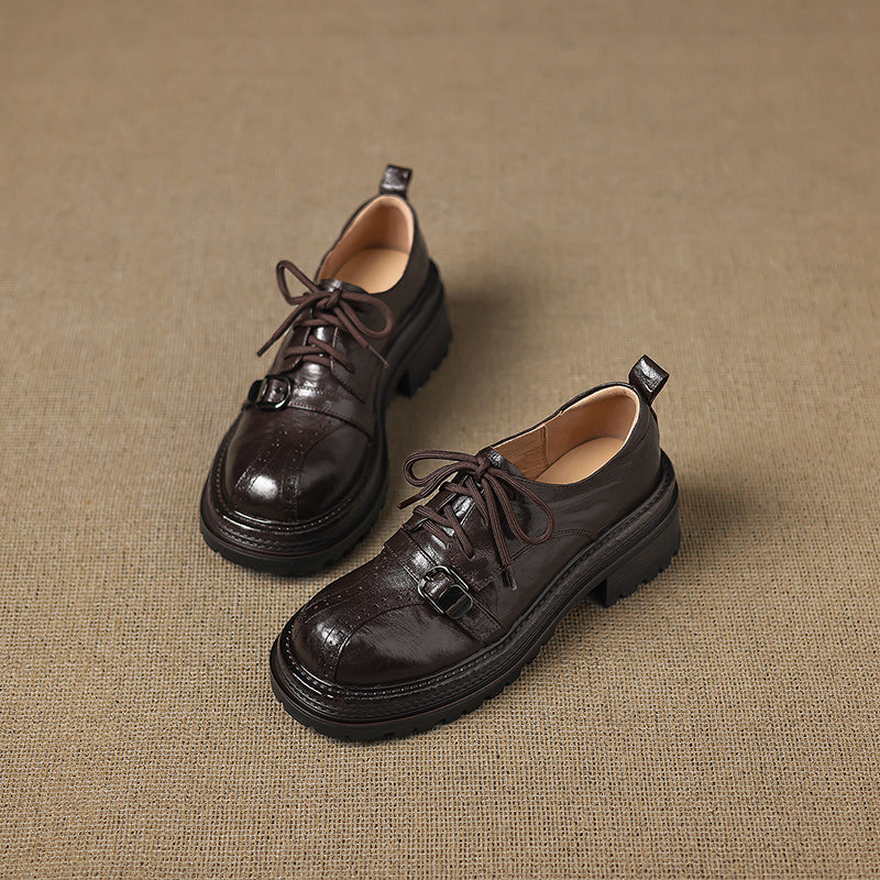 Women's Platform Oxford Shoes | Handmade Full-Grain Sheepskin Chunky Heel Lace-Up Brogues