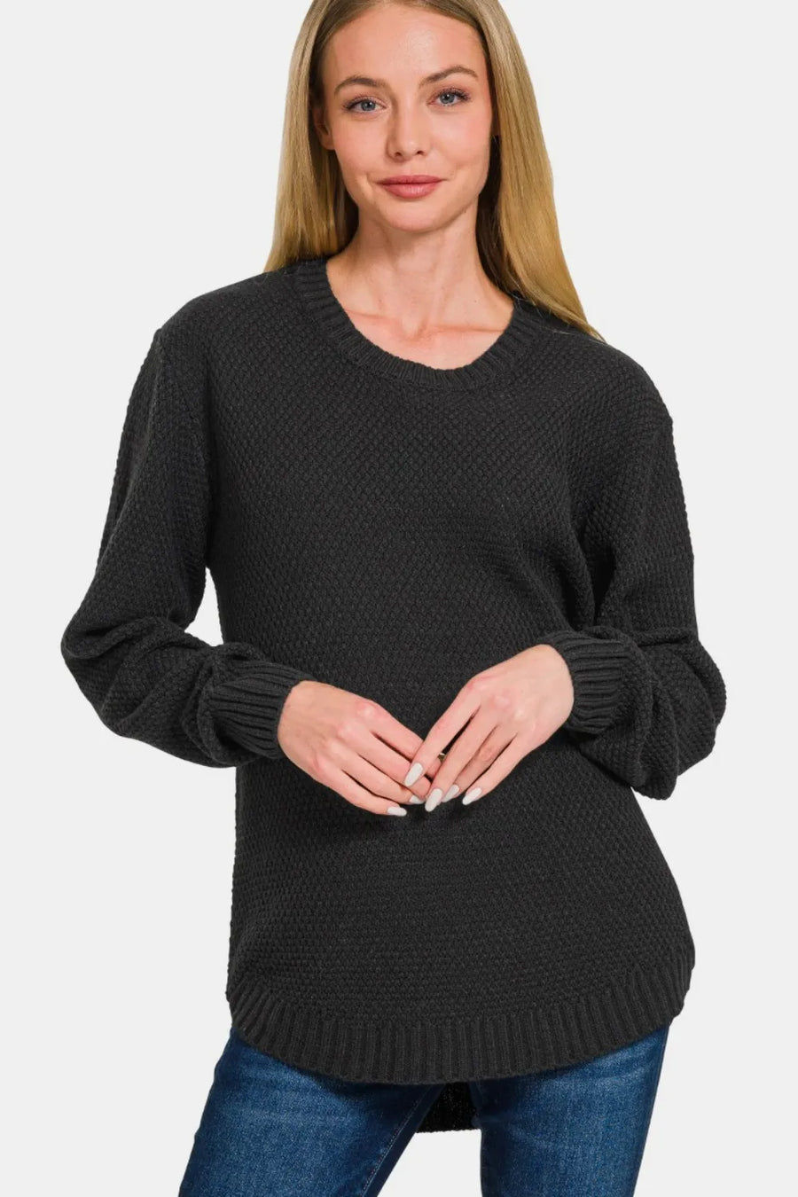 Curve Round Neck Long Sleeve Curved Hem Sweater