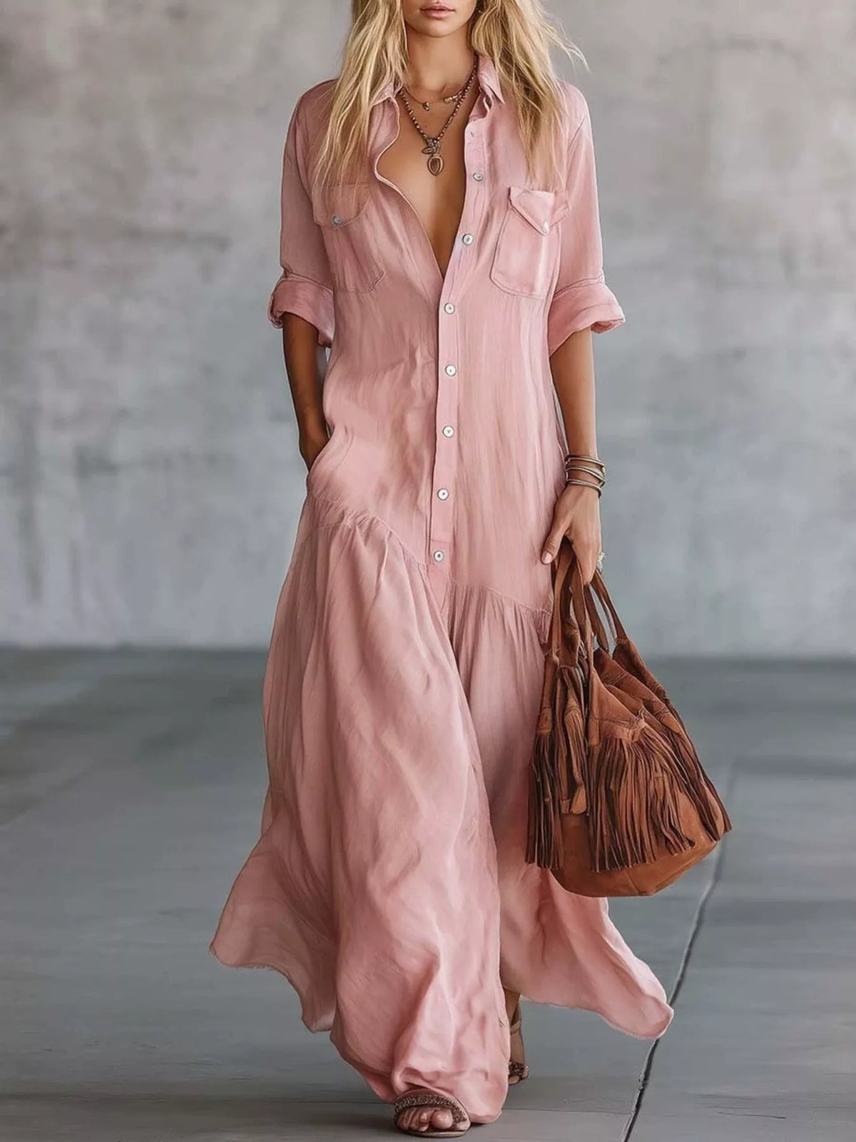 Button-Front Roll-Sleeve Maxi Dress