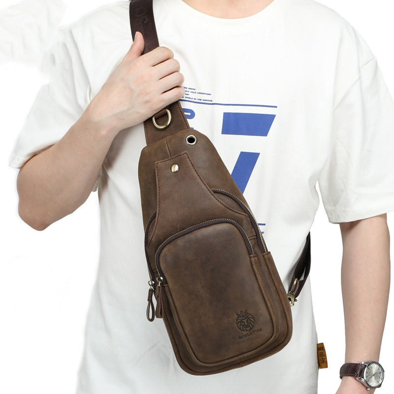 Men's Retro Genuine Leather Sling Bag – Full-Grain Cowhide Chest Crossbody Bag