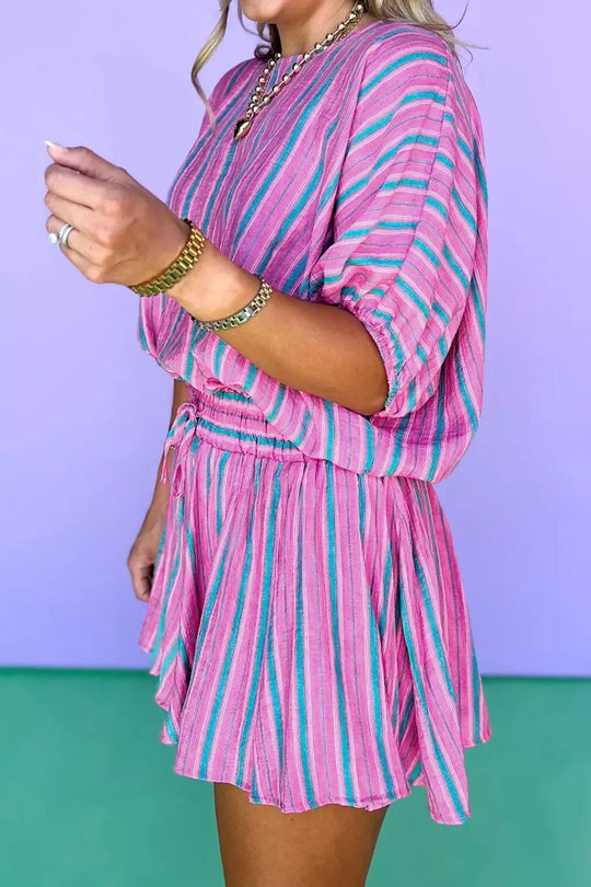 Another view: Stripe Dolman Short Sleeve Blouse Drawstring Elastic Waist Loose Short Set