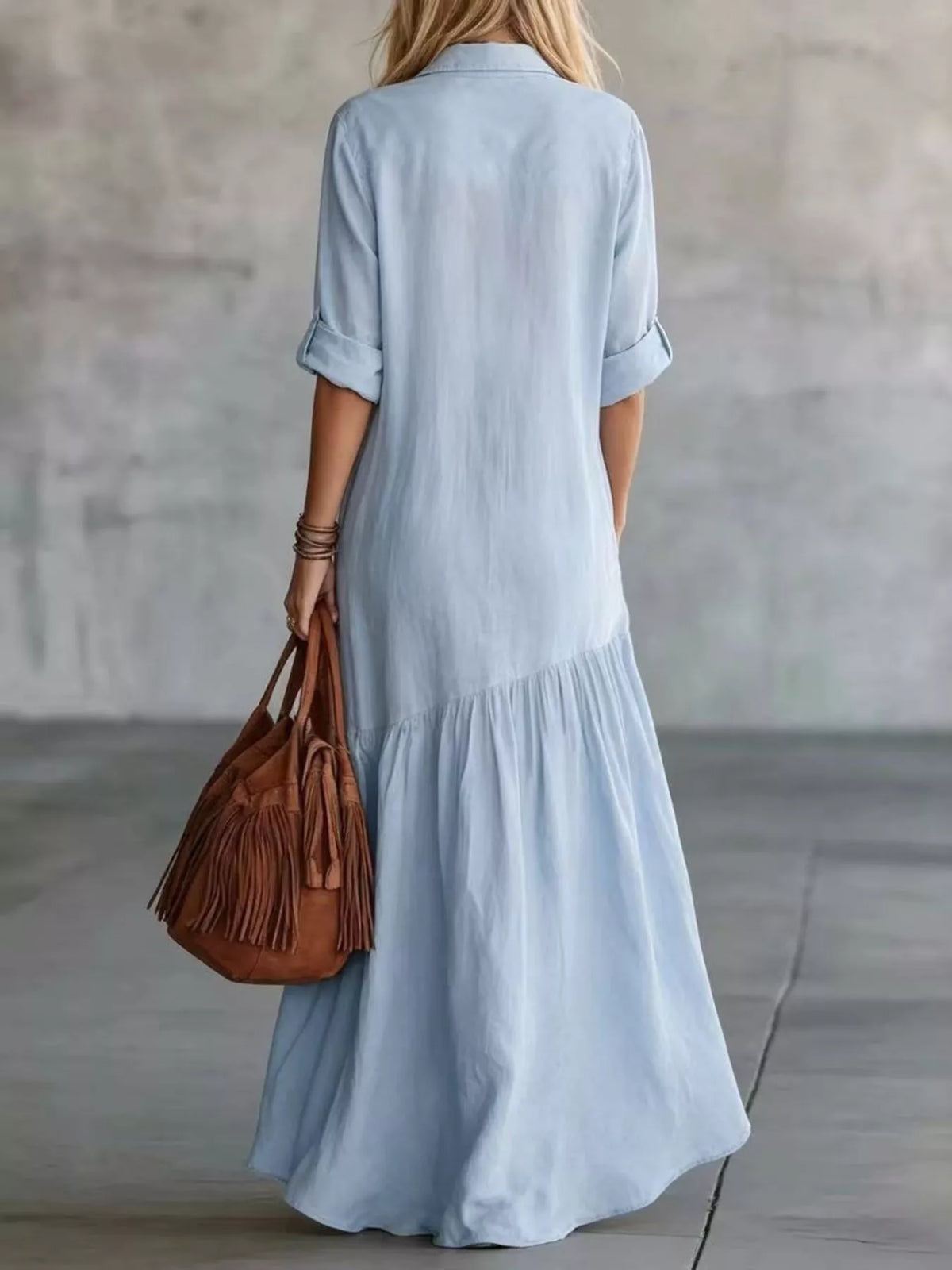 Button-Front Roll-Sleeve Maxi Dress