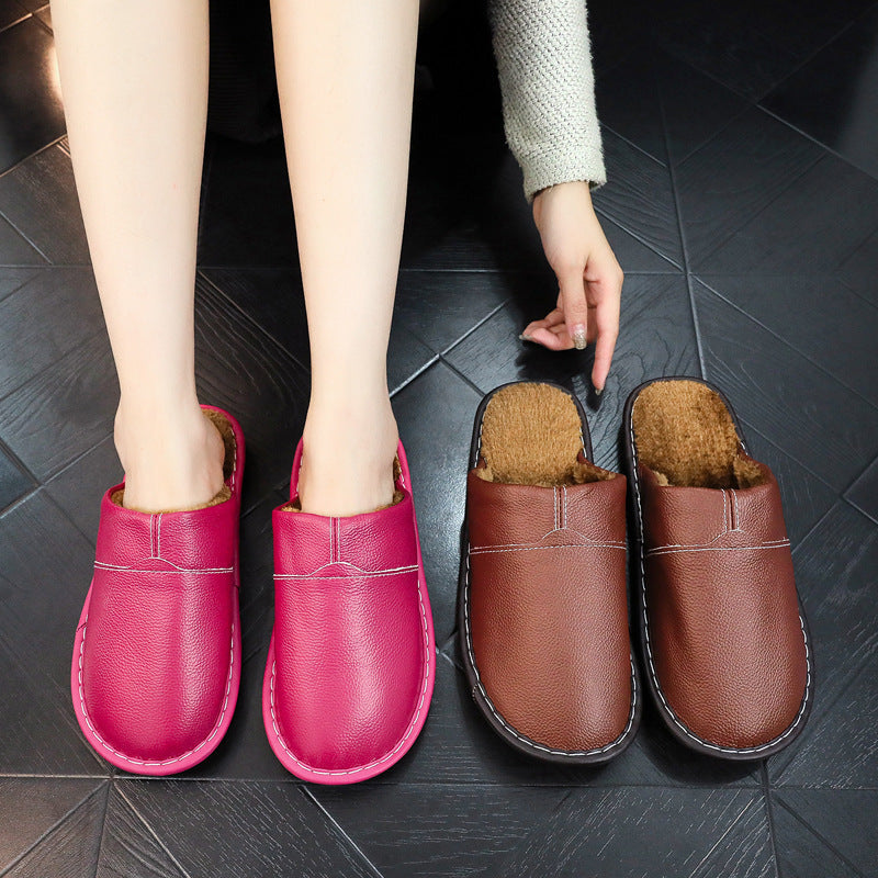 Women's Men's Winter Indoor Leather Slippers | Non-Slip Closed-Toe House Shoes | Cowhide Upper | Couples Slippers