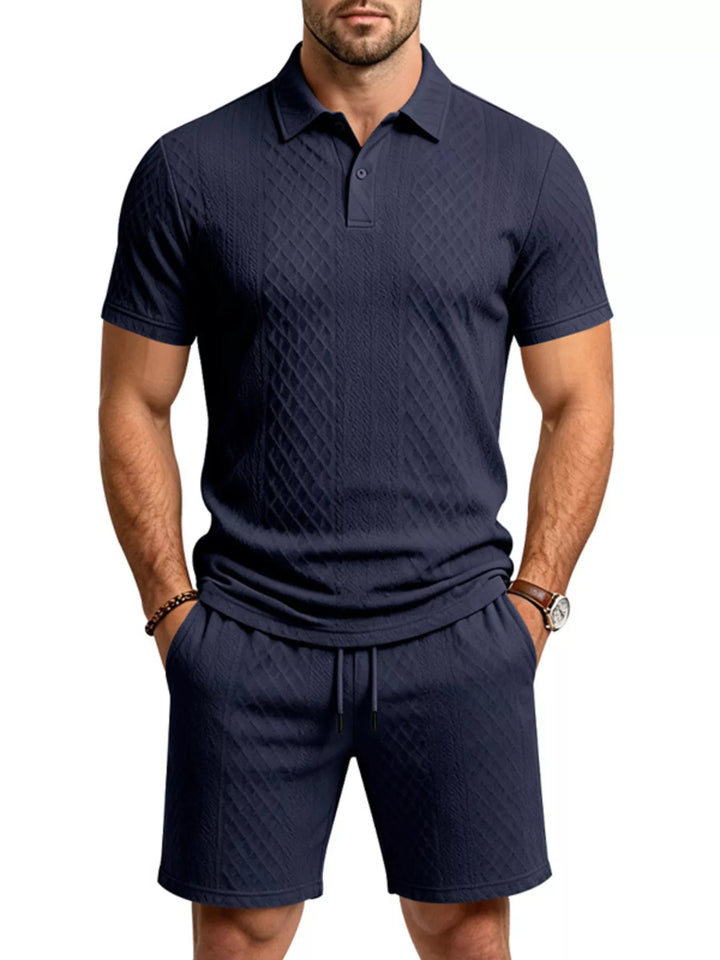 Men's textured polo and drawstring shorts set