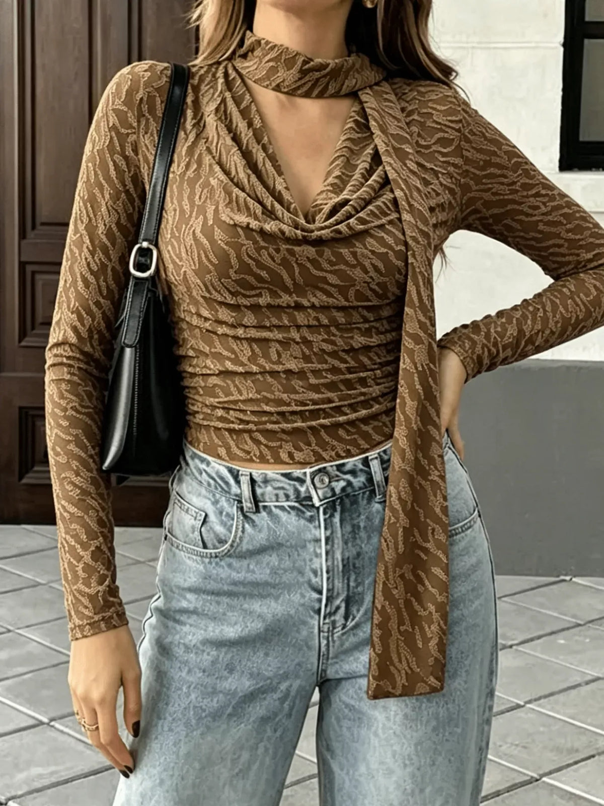 Textured Cowl-Neck Blouse with Scarf Detail — photo 7
