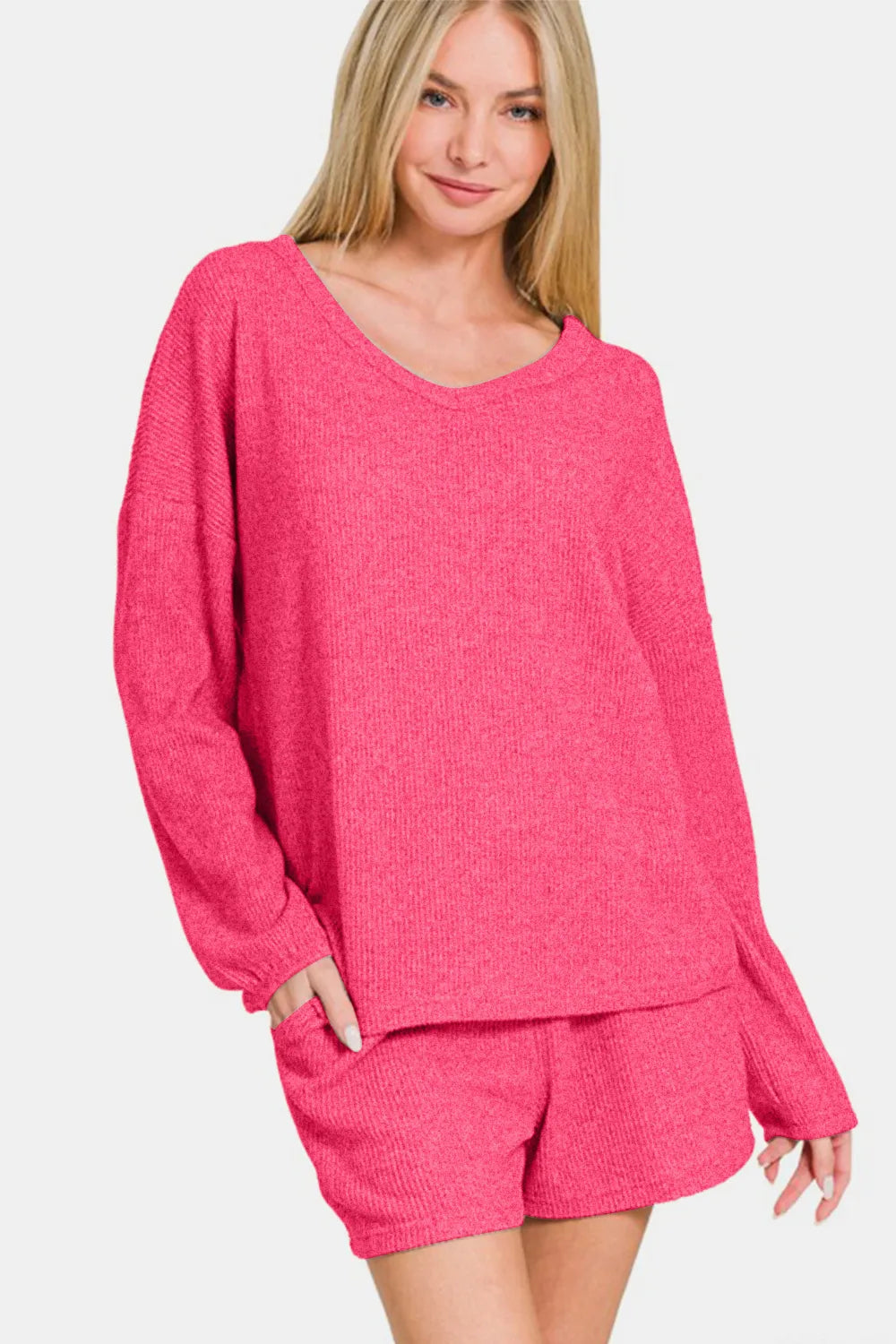 V-Neck Long Sleeve Ribbed Top and Shorts Set — Strawberry