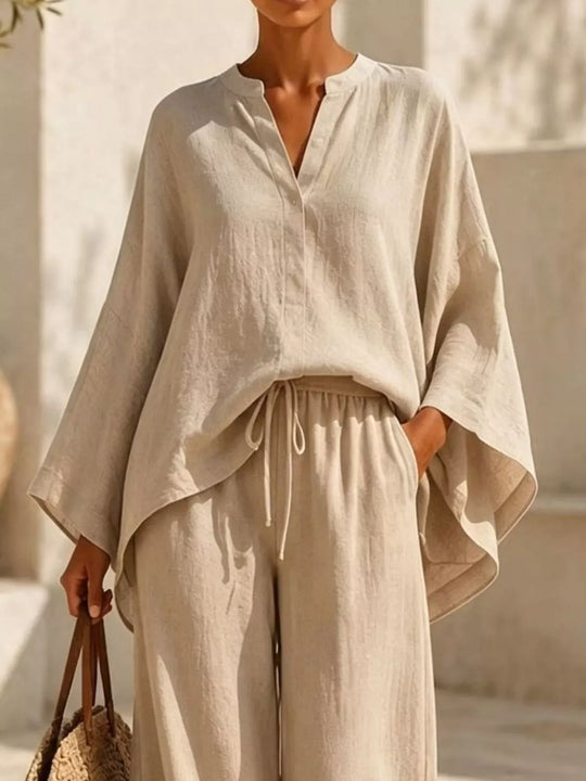 Another view: Notched Long-Sleeve Top & Wide-Leg Pants Set — Full Size
