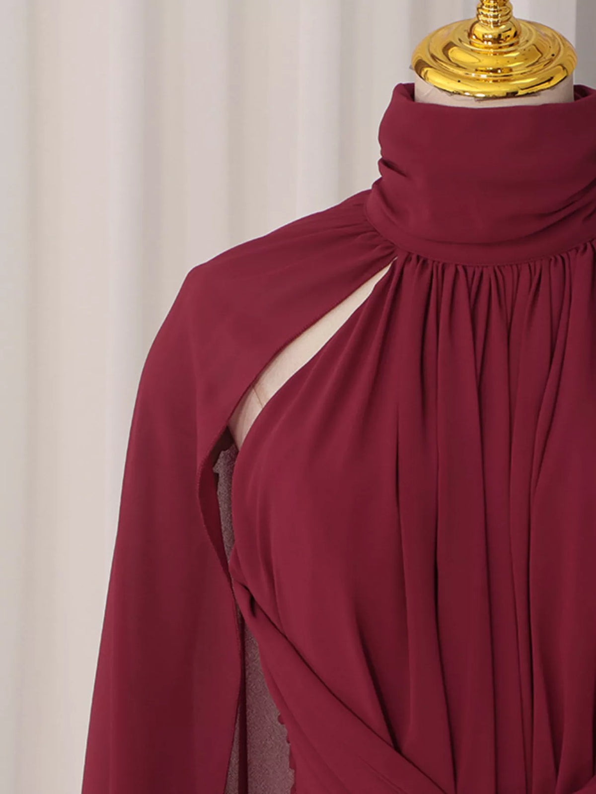 Red Ruched Halter-Neck Cape Maxi Dress