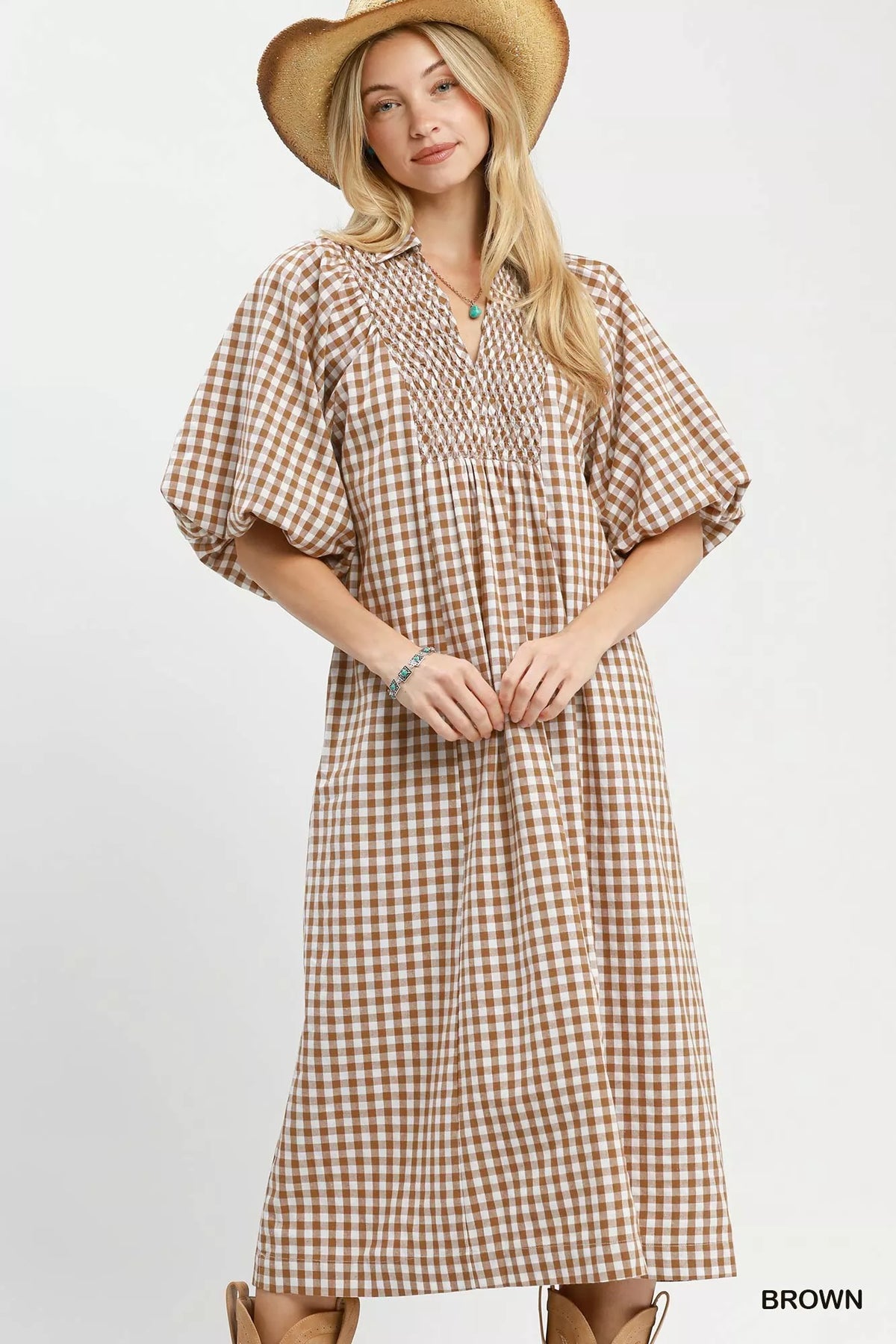 Umgee Brown Gingham Puff-Sleeve Midi Dress