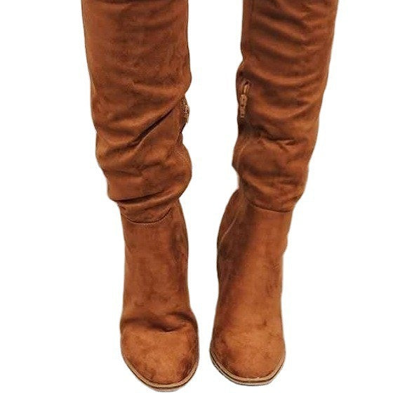 Chunky Heel Thigh-High Boots with Side Zipper for Petite Women | Black Apricot Brown
