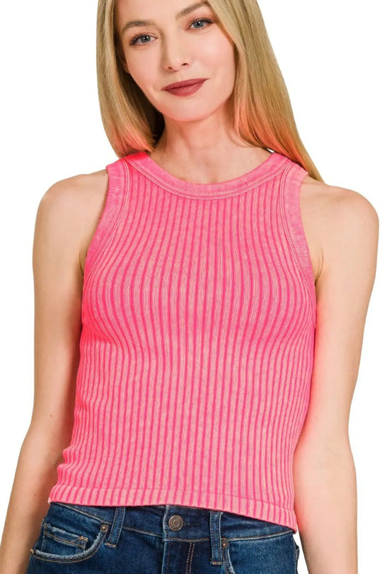 Another view: Ribbed Washed Seamless Tank Top — N Coral Fuchsia