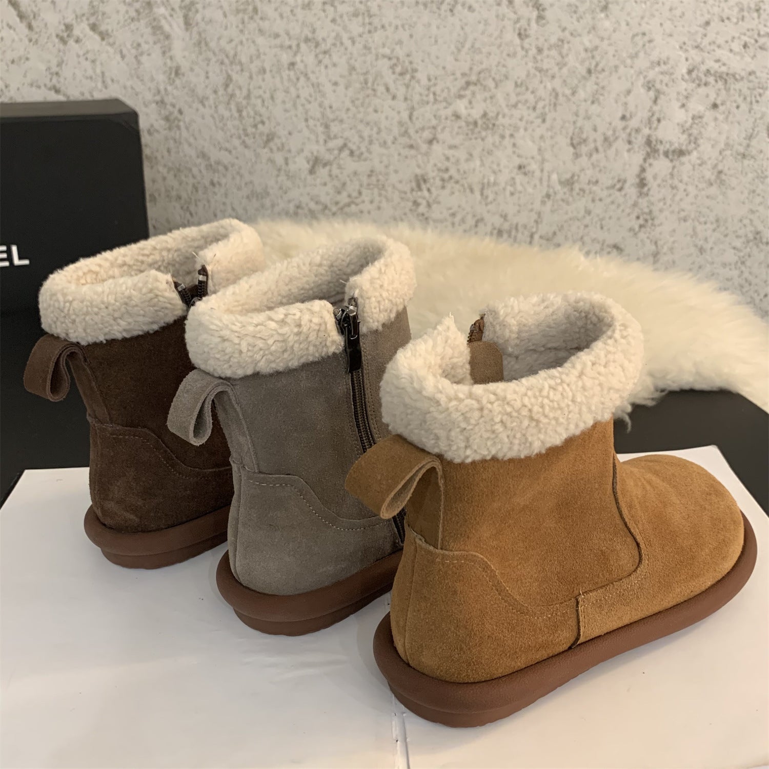 Women's Retro Furry Ankle Boots - Comfortable Side Zipper Low Shaft Boots