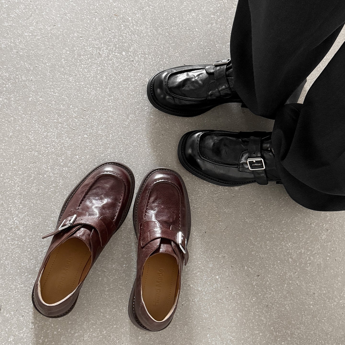Women's Washed Leather Monk Strap Loafers | Handmade Buckle Low Block Heel Shoes