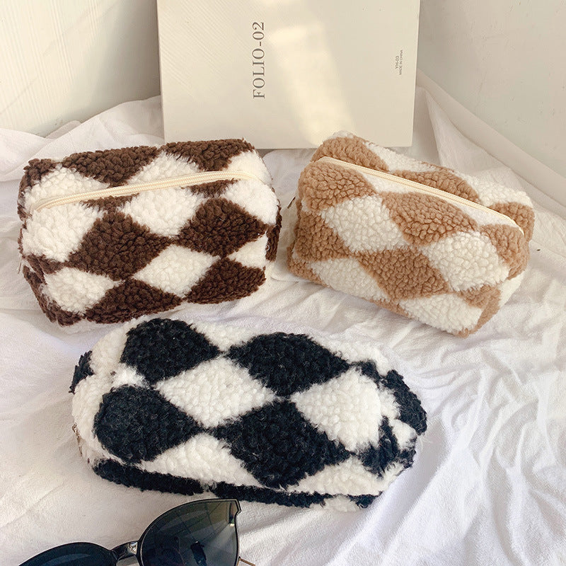 Plaid Plush Crossbody Bag | Large Capacity Makeup & Storage Organizer | Korean Style