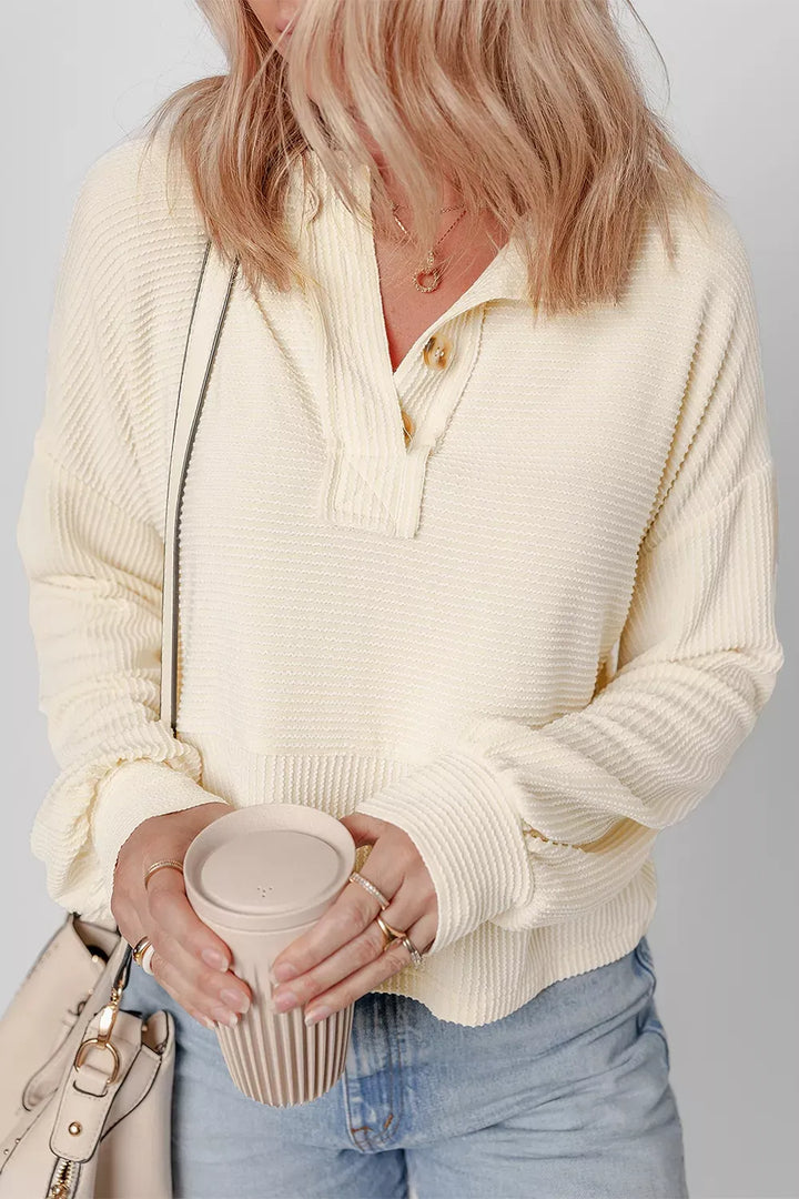 Corded Waffle Henley Lantern-Sleeve Sweatshirt — Ivory