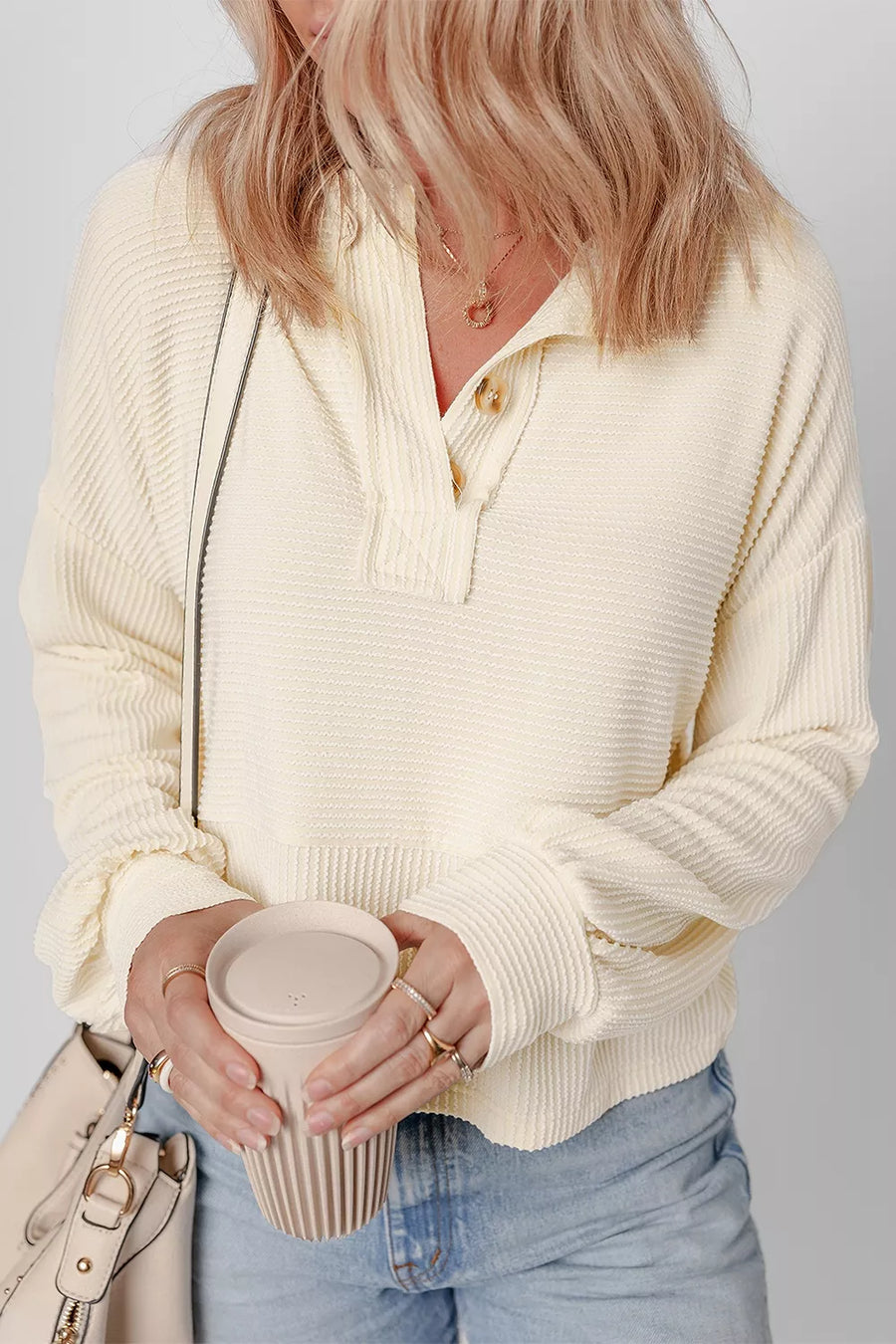 Corded Waffle Henley Lantern-Sleeve Sweatshirt — Ivory
