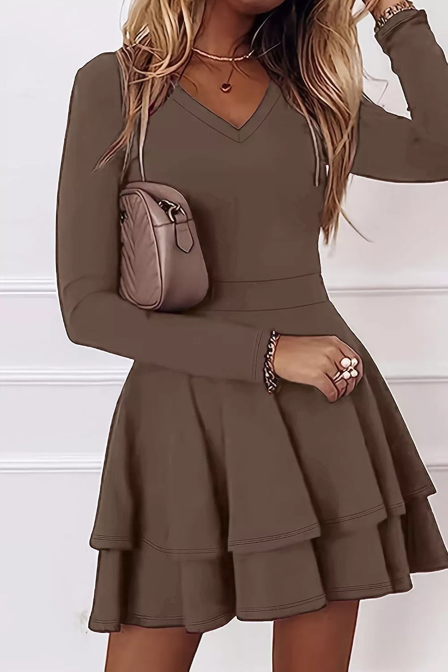 Layered Long-Sleeve V-Neck Mini Dress