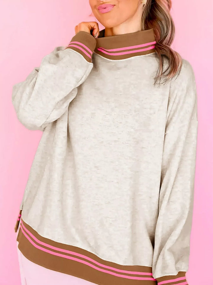 Ribbed Stand-Neck Contrast-Stitch Sweatshirt — Light Gray