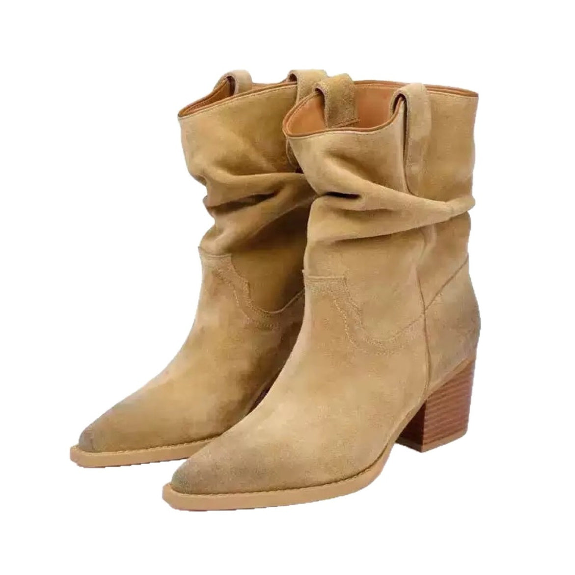 Women's Suede Pointed-Toe Chunky Heel Ankle Boots | Slip-On Mid-Calf Boots