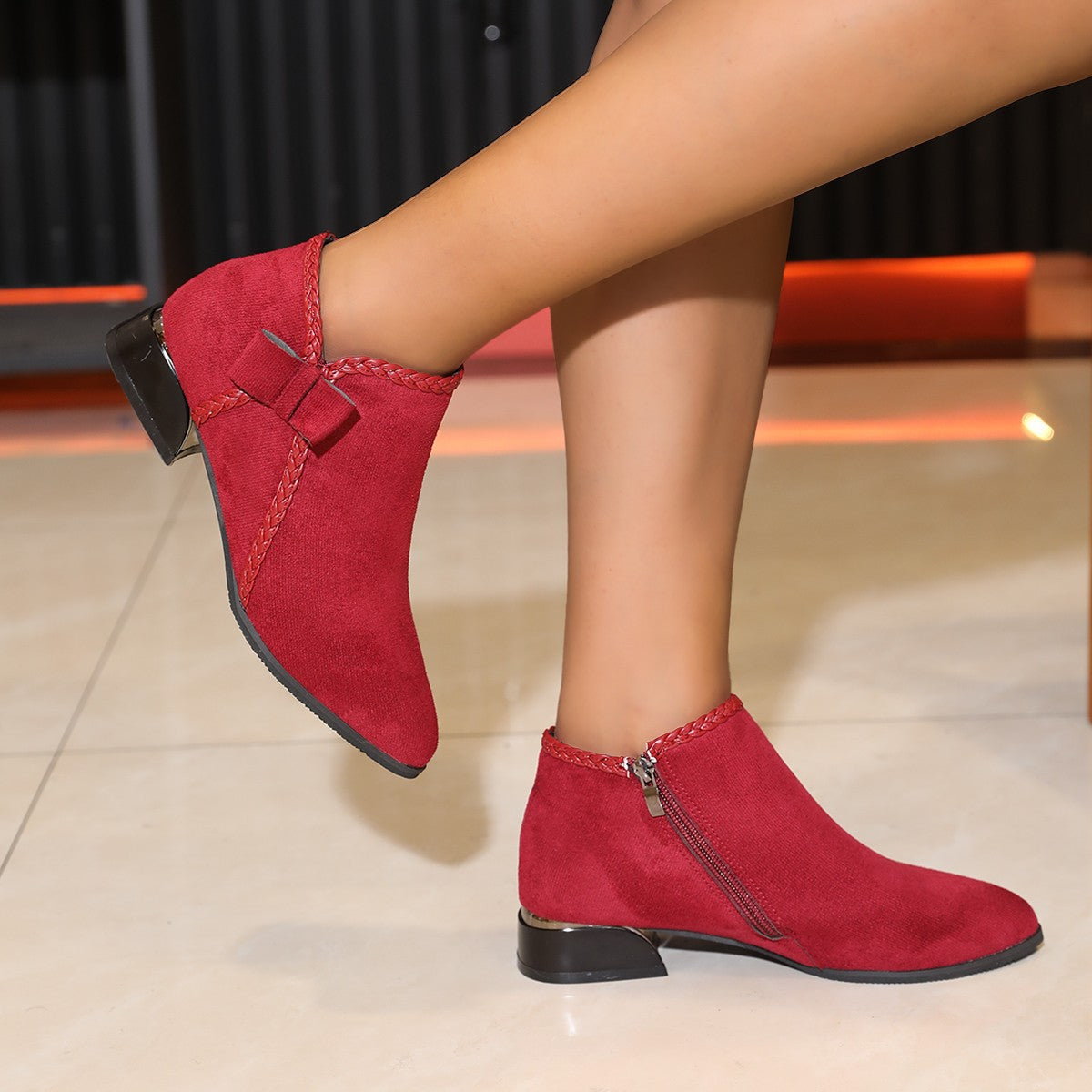 Women's Bow-Tie Pointed-Toe Chunky Heel Ankle Boots - Side Zipper Suede Boots