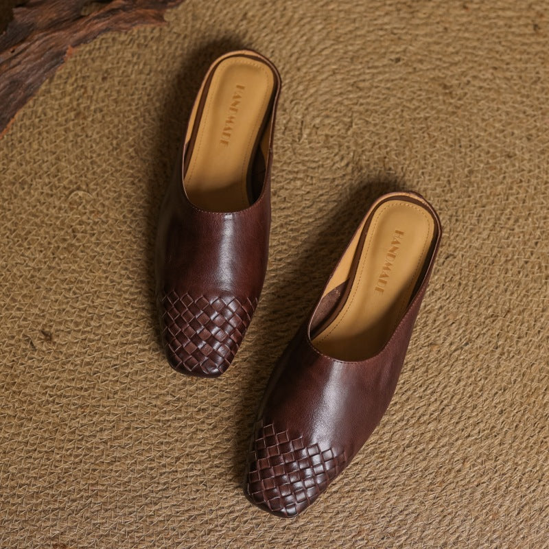 Women's Handmade Vintage Flat Leather Sandals | Cowhide Slip-On | Brown, Khaki & Black