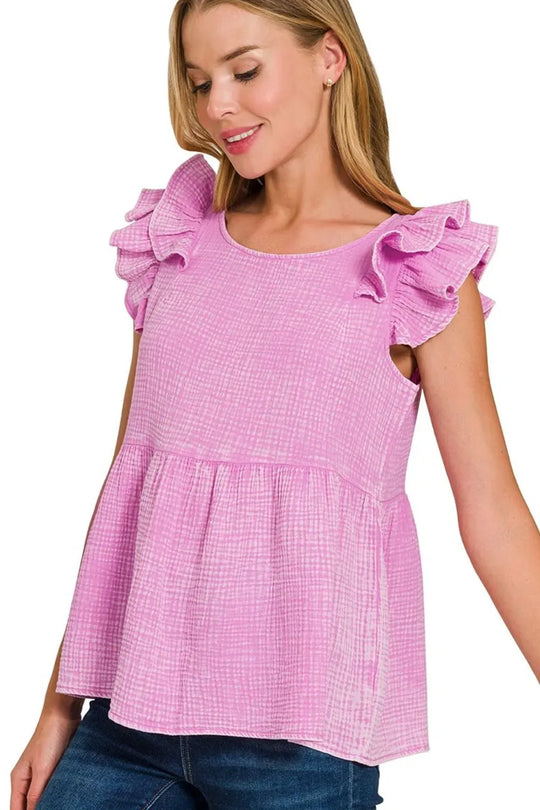 Another view: Double Gauze Acid Washed Tiered Ruffle Peplum Top — Mauve