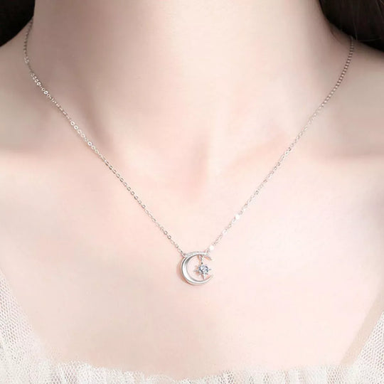 Another view: 925 Sterling Silver Moissanite Star Moon Necklace