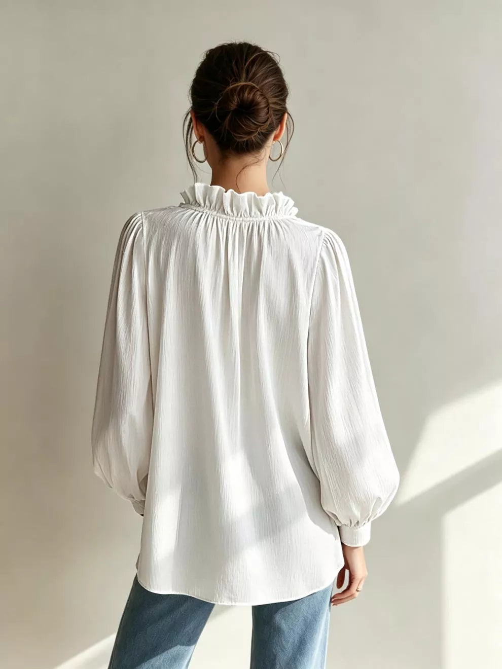 Frill-Trim Notched Long-Sleeve Blouse