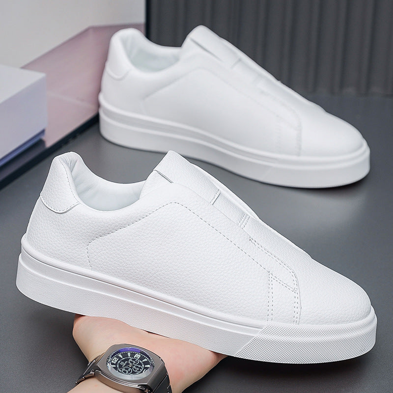 Men's Korean-Style Slip-On Casual Sneakers | PU Leather Round Toe Mid Heel Shoes