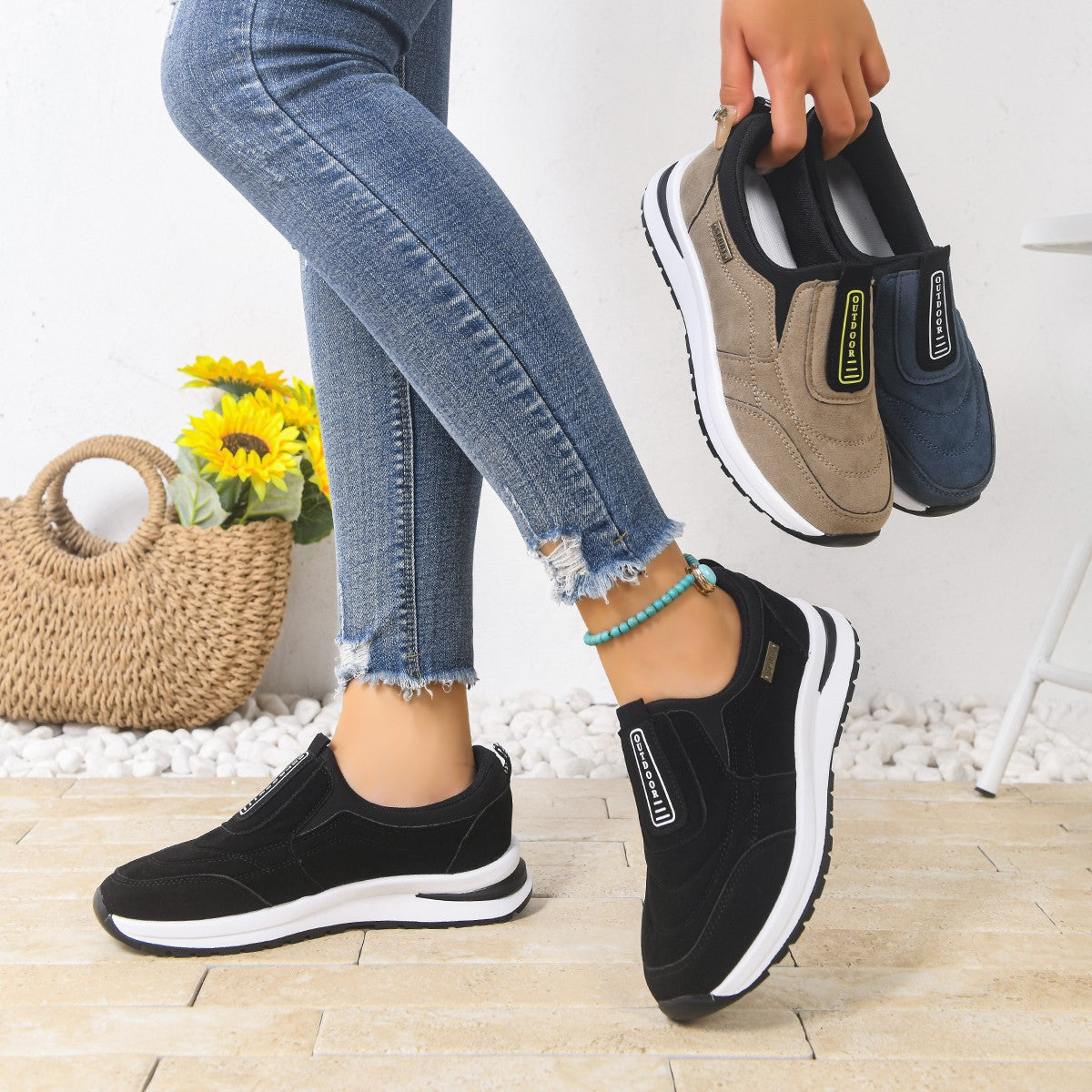 Women's Casual Plus-Size Slip-On Running Shoes | Suede Chunky Heel Sneakers