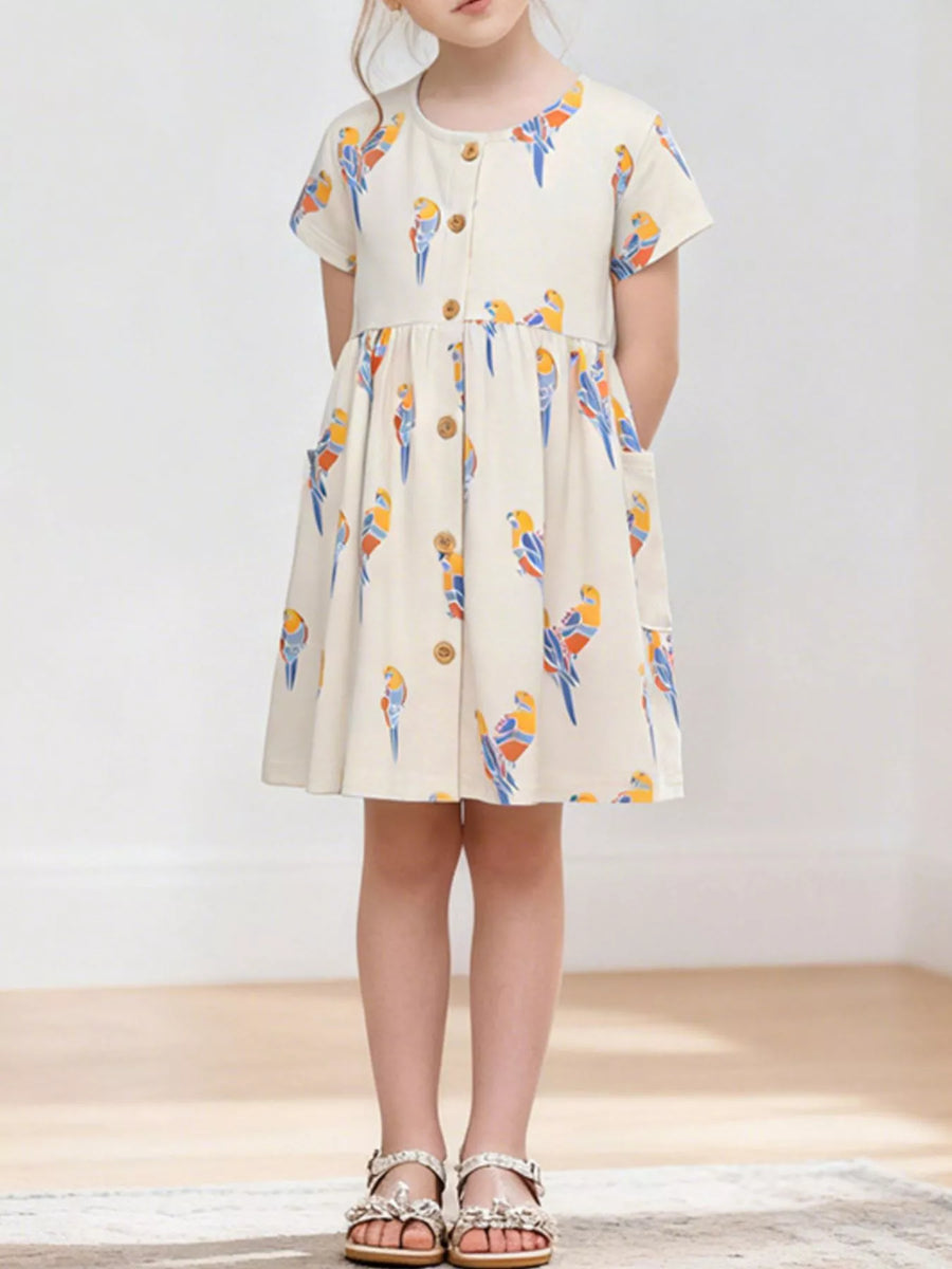Girls' Parrot-Print Button-Front Dress – Beige