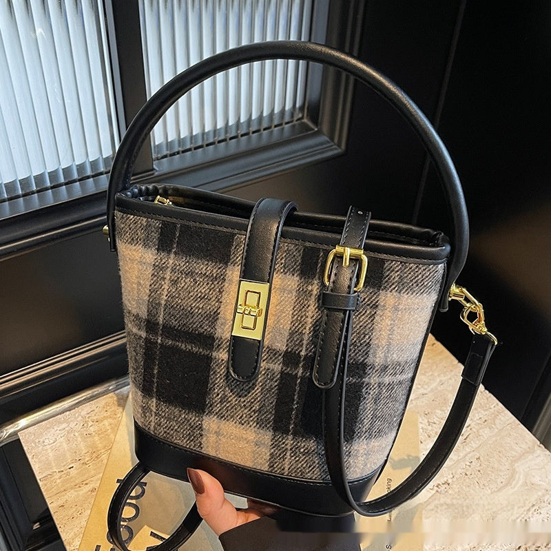Vintage Plaid Suede Tote Bucket Bag - Korean Style Shoulder Handbag for Women