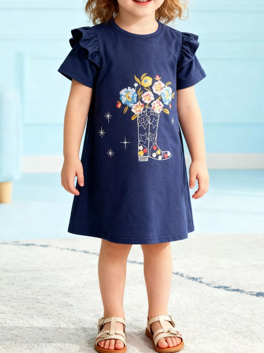 Kids' Floral Boot Ruffle-Sleeve Cotton Dress – Navy