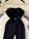 Feather-trim strapless belted wide-leg jumpsuit