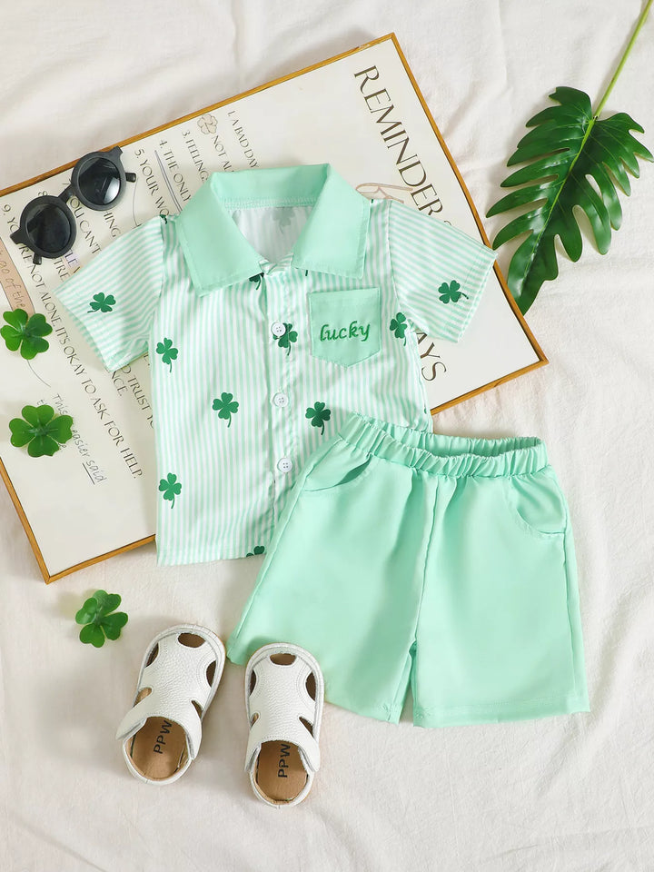 Poppy Lane Lucky Clover Print Striped Shirt & Shorts Set — product view 1