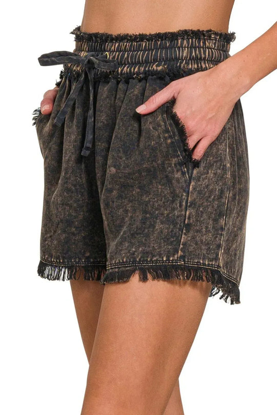Another view: Mineral Frayed Hem Washed Shorts — ASH BLACK