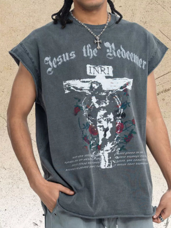 Model wearing the Redeemer vintage-wash cross tank in Washed Gray
