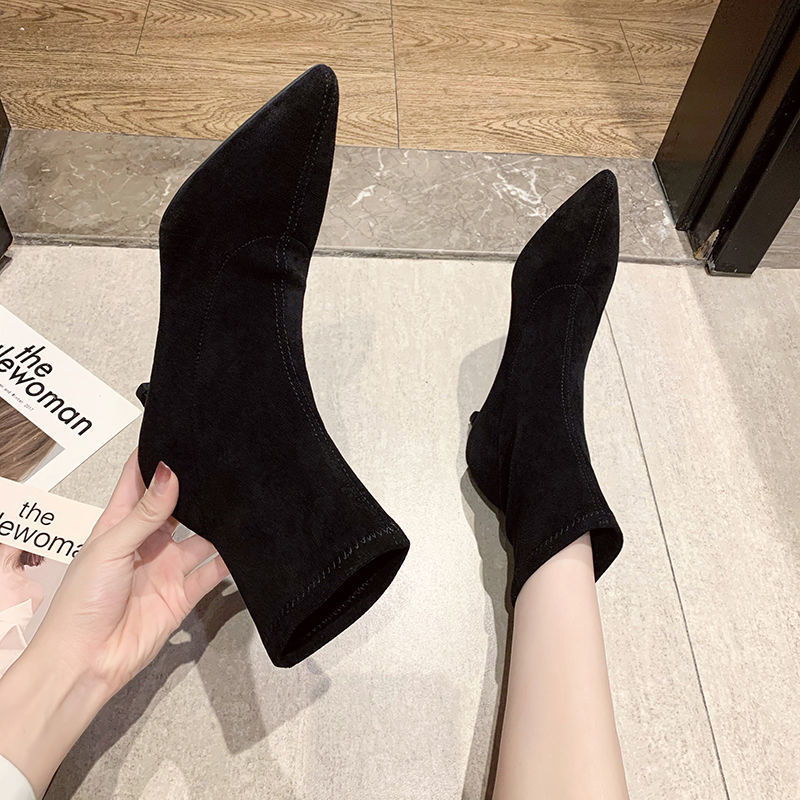 Women's Suede Stiletto Mid-Calf Boots | Slip-On Korean Style | Black | Sarah Express