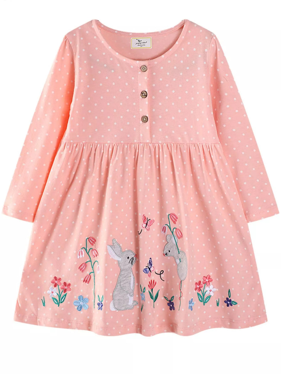 Girls’ Embroidered Animal Polka-Dot Dress — Watermelon Pink