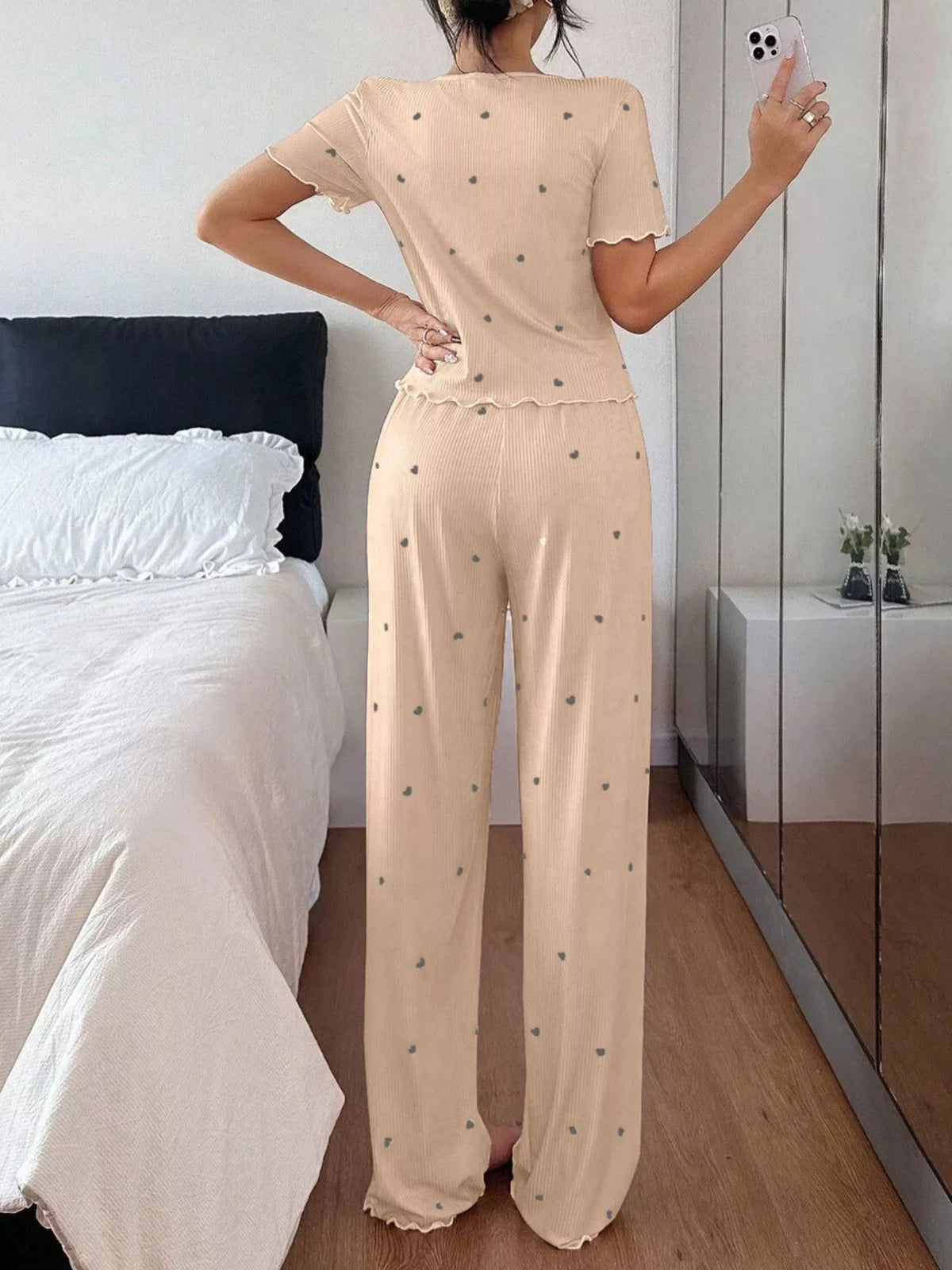 Women's Heart-Print Lettuce-Trim Loungewear Set