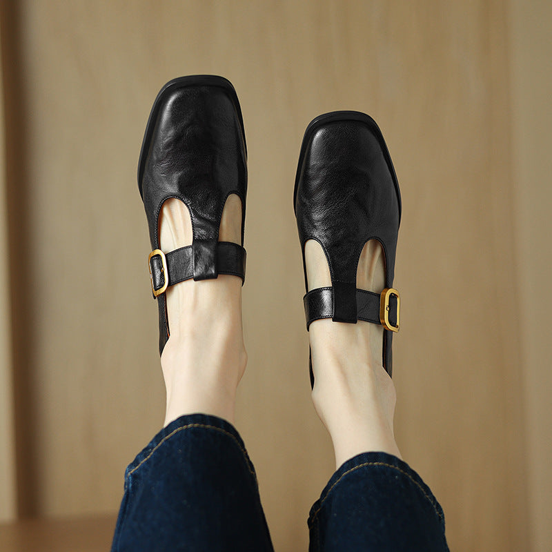 Mary Jane Pumps Women Retro Square Toe Chunky Heel Leather Shoes