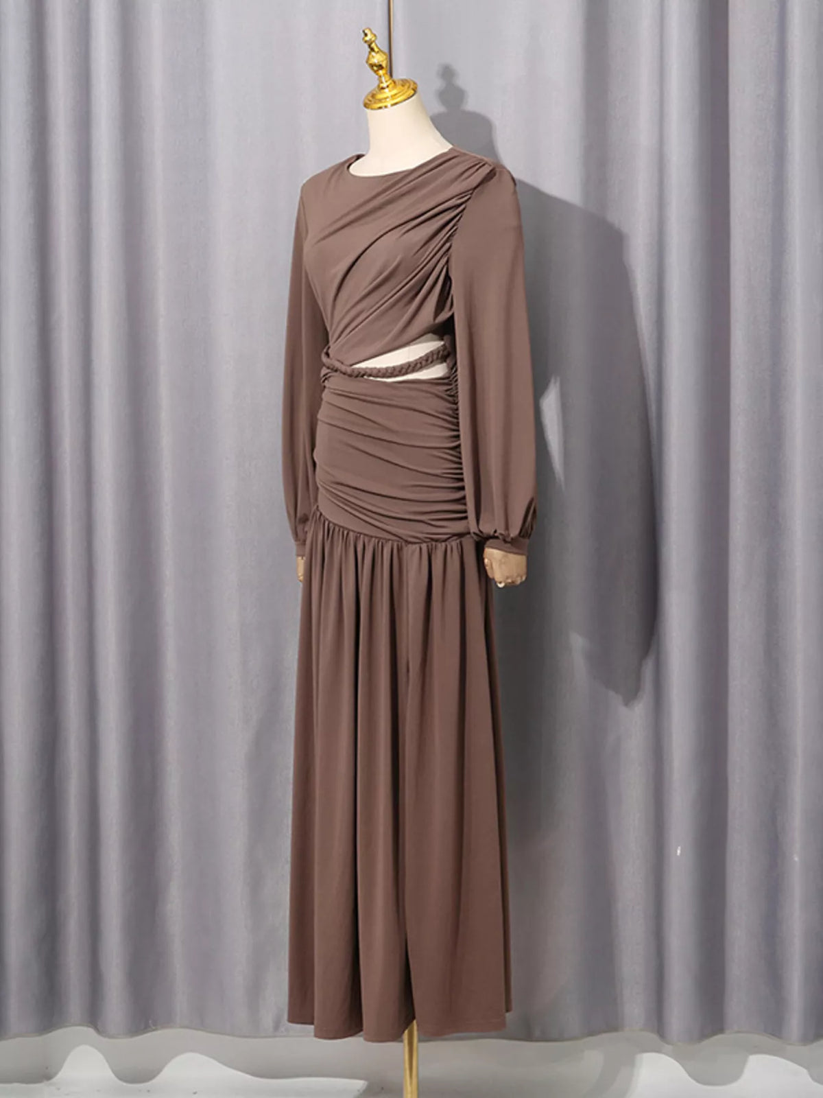 Brown Ruched Cutout Maxi Dress