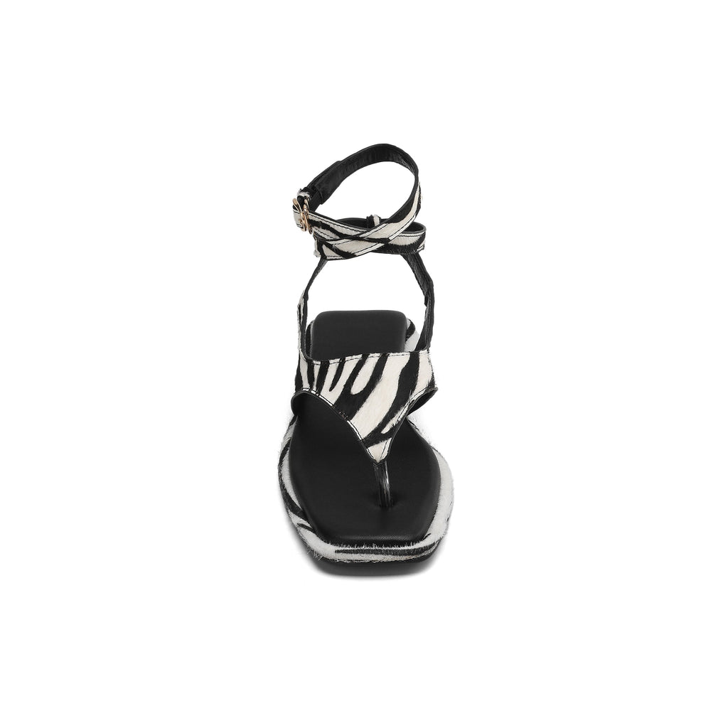 Women's Zebra Print Flat Sandals | Handmade Calf Hair Leather Thong Ankle Strap