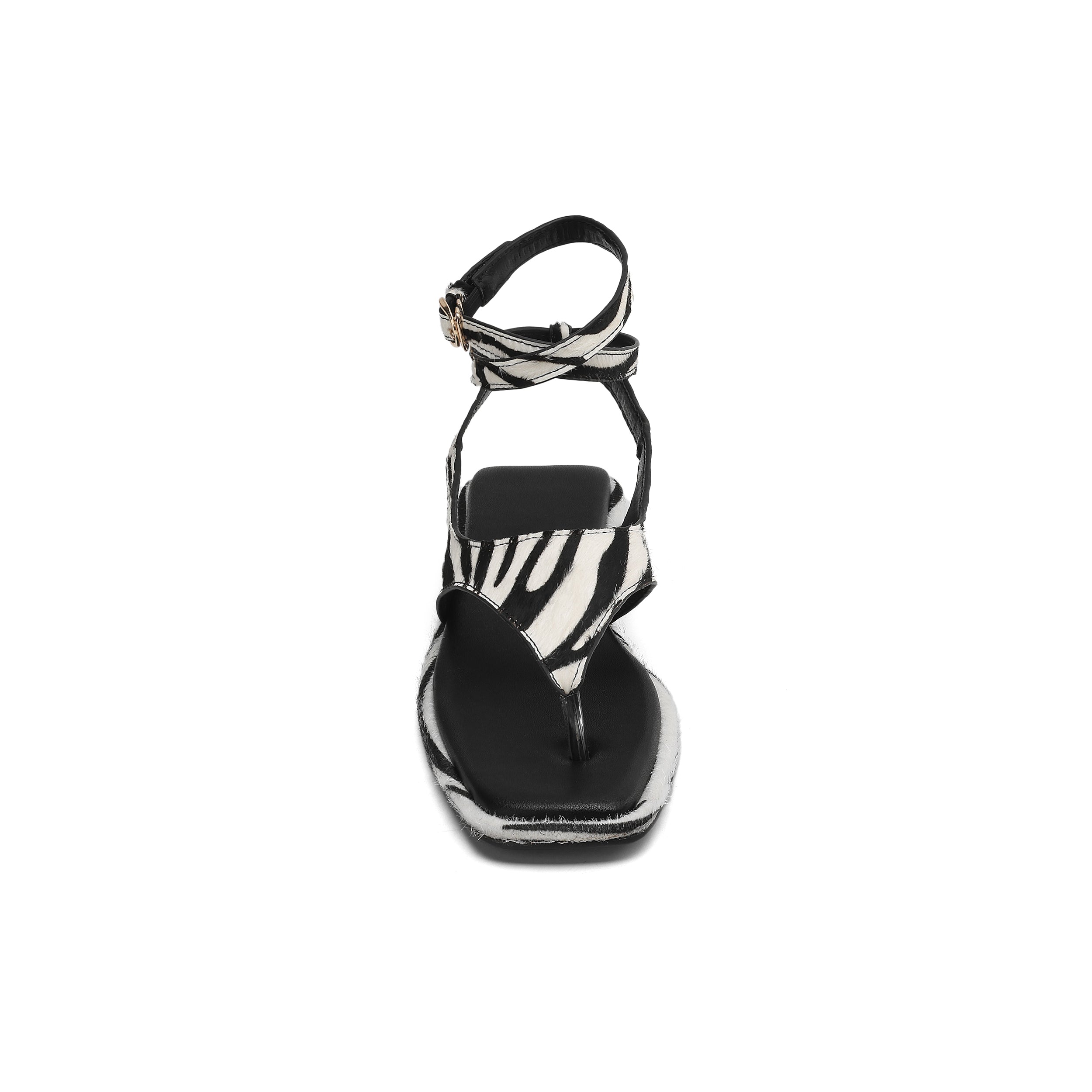 Women's Zebra Print Flat Sandals | Handmade Calf Hair Leather Thong Ankle Strap