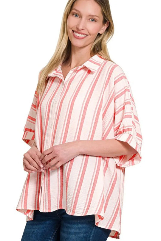 Another view: Woven Yarn-Dye Stripe Oversized Button Down Shirt