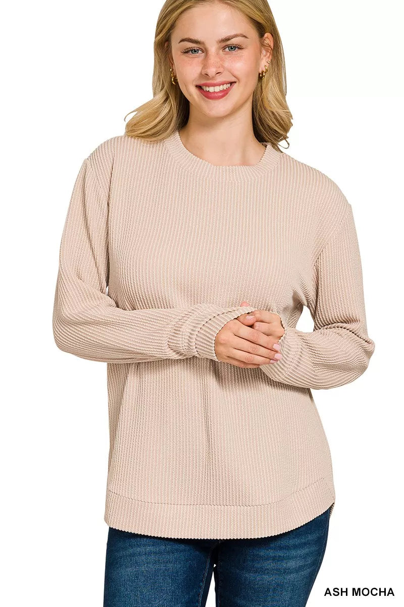 Curve Raised Rib Round Neck Long Sleeve Top — Ash Mocha