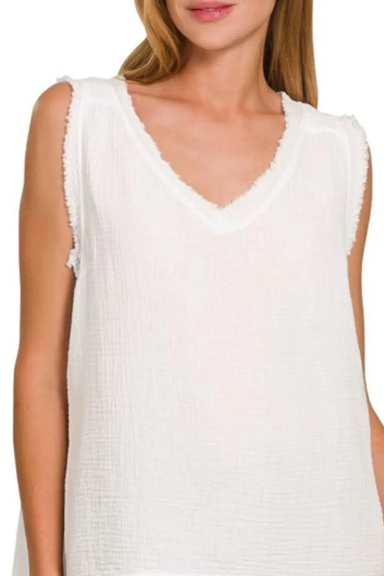 Another view: Double Gauze Raw Edge V-Neck Tank